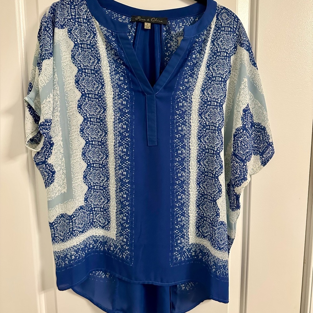 Rose and Olive- boho silk top. Blue/white pattern